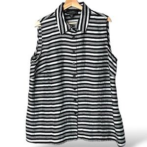 LOUBEN Linen Blend Button Front Sleeveless Shirt Black & Silver Stripes US Sz 16
